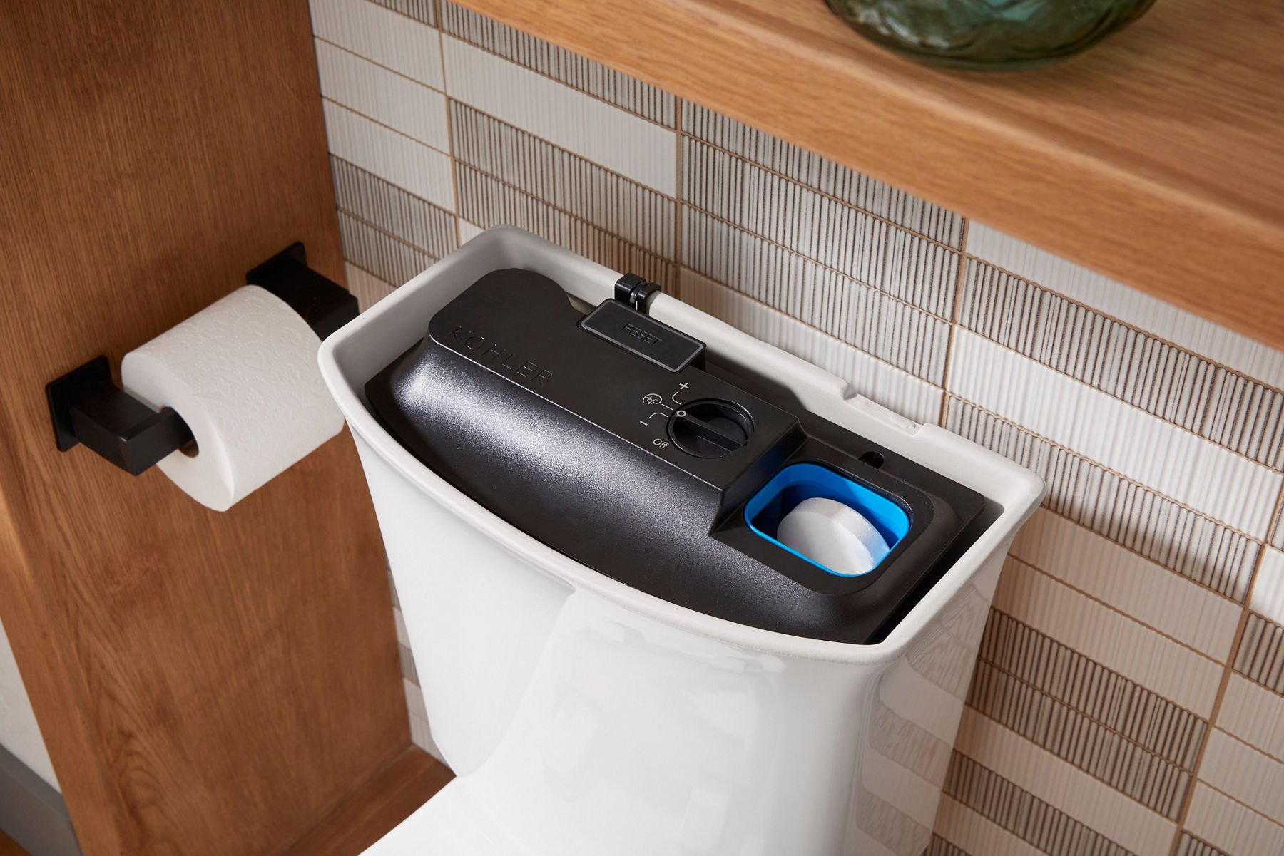 An overhead view of a toilet with the tank lid removed to show the ContinuousClean system inside.