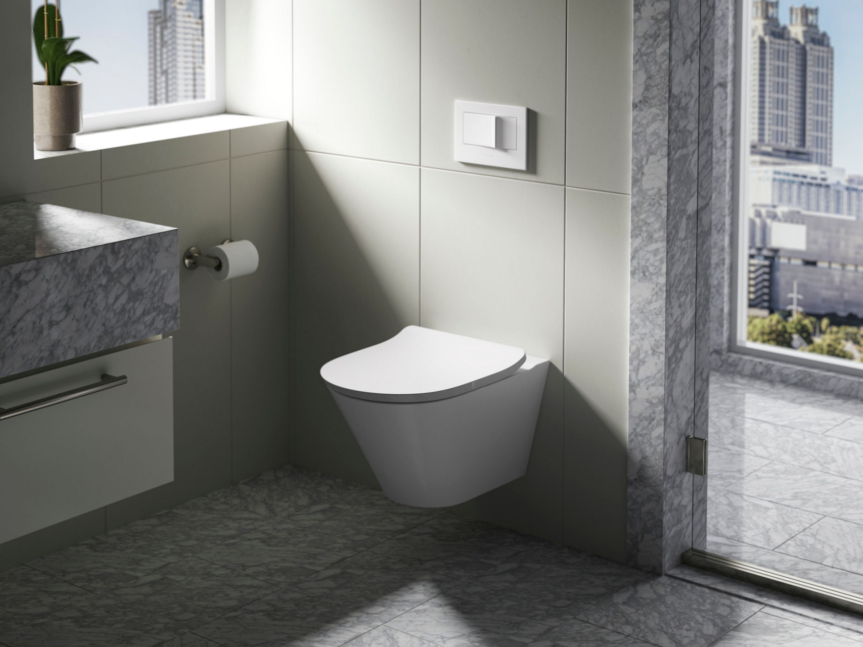 Wall-mounted white toilet in a light gray tiled bathroom with a large window and built-in flush system.