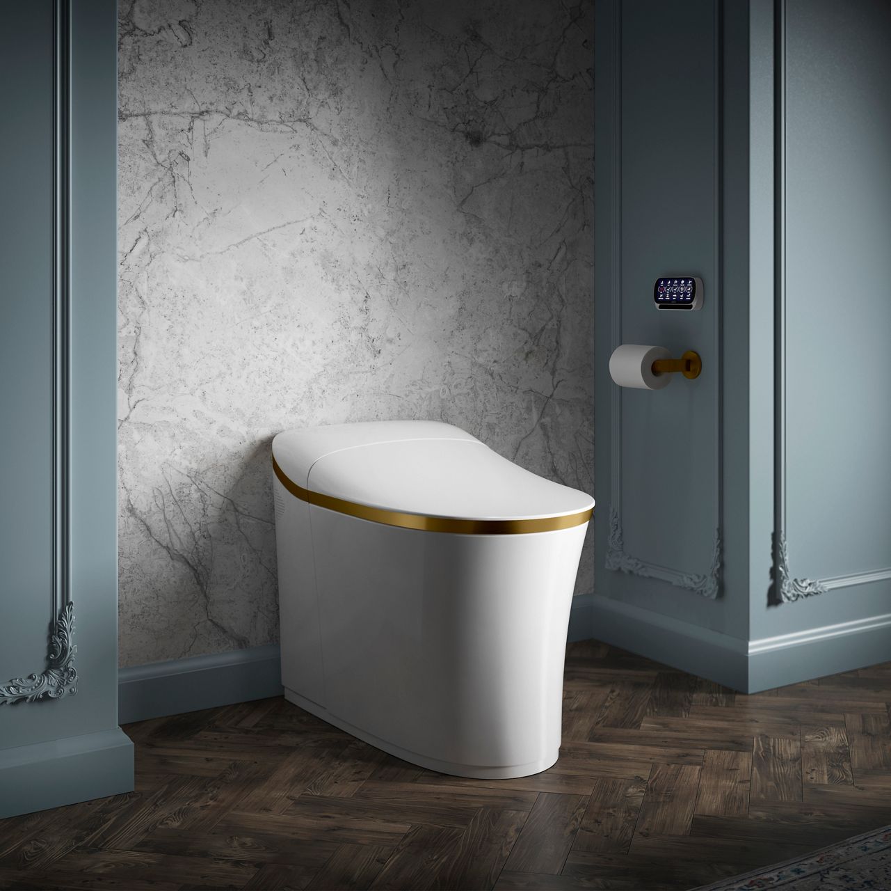 Modern bathroom showcasing a white smart toilet with metallic accent detailing, set against a textured gray wall with soft spotlight illumination.