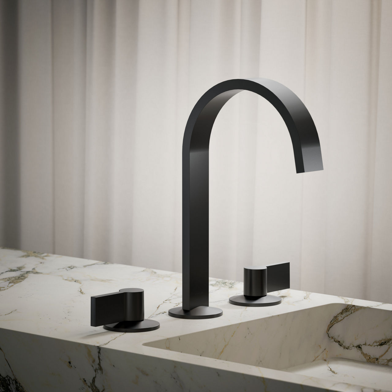 Sleek matte black widespread bathroom faucet with high-arc spout and dual handles on a marble vanity.
