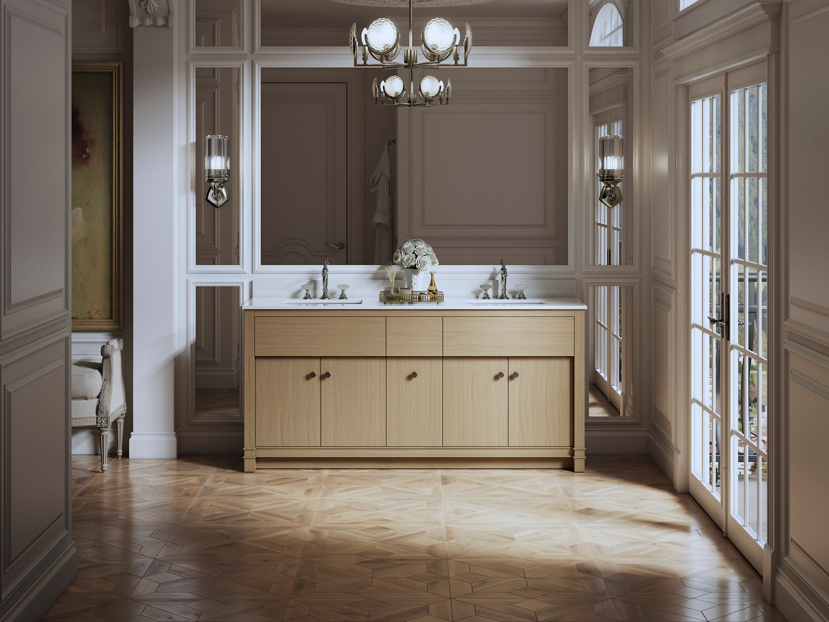 Modern bathroom vanity with light wood cabinet, white sink countertop, faucet, wall mirrors, and light sconces.
