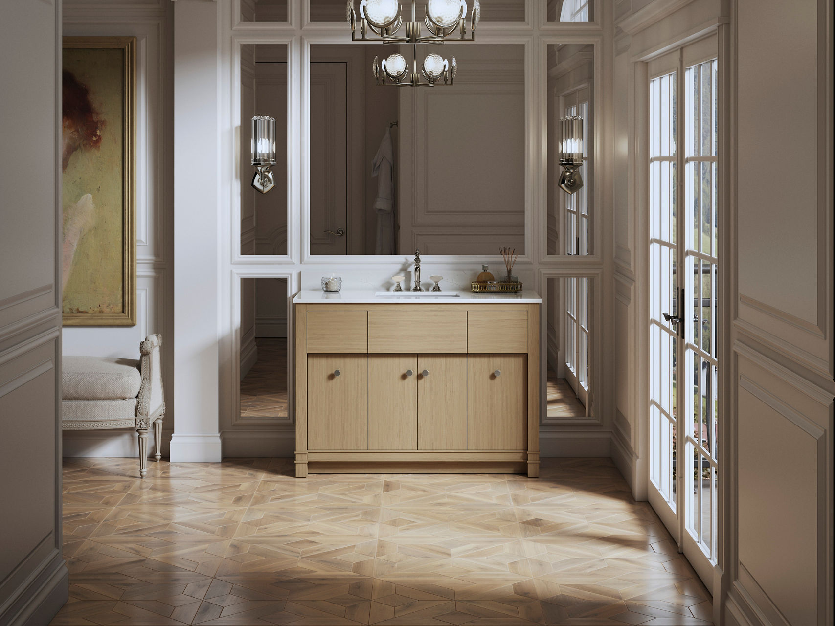 Modern bathroom vanity with light wood cabinet, white sink countertop, faucet, wall mirrors, and light sconces.