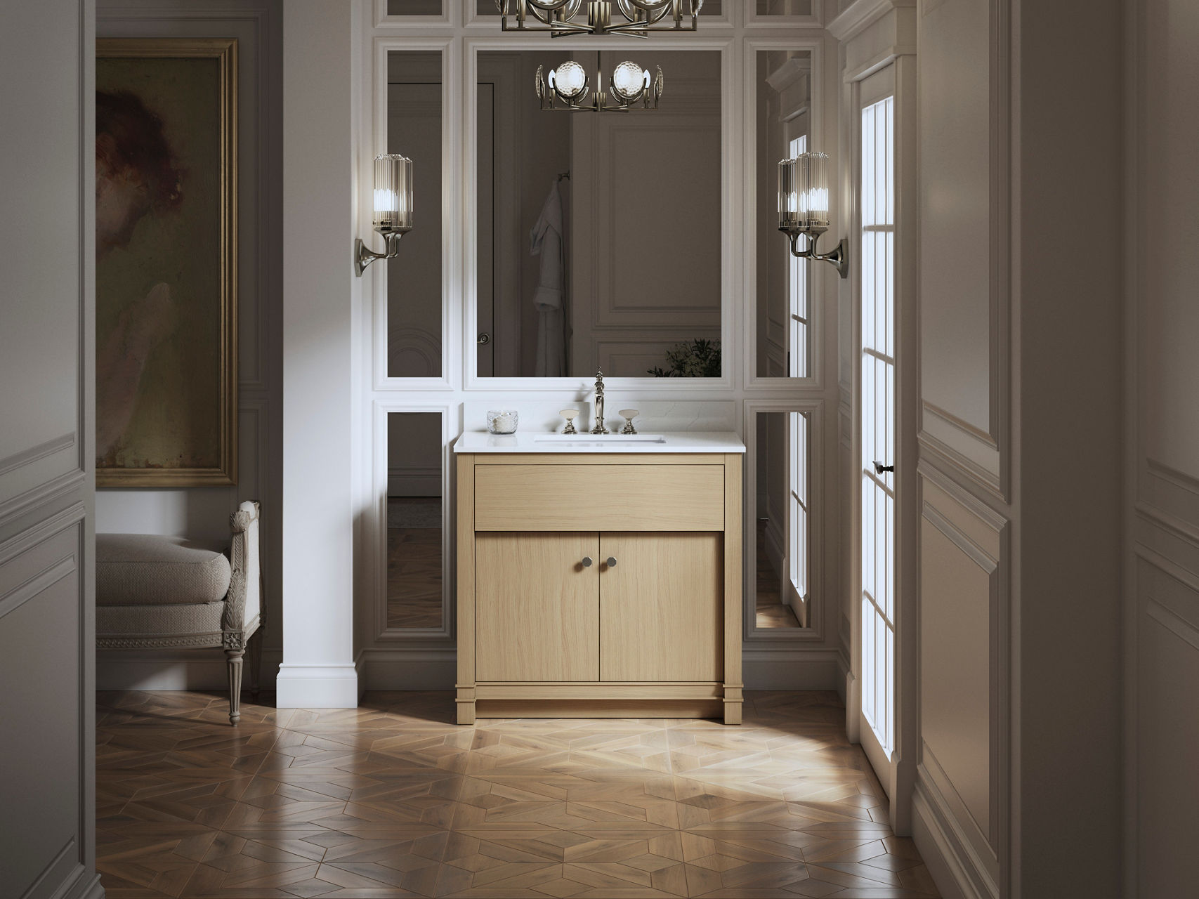 Modern bathroom vanity with light wood cabinet, white sink countertop, faucet, wall mirrors, and light sconces.