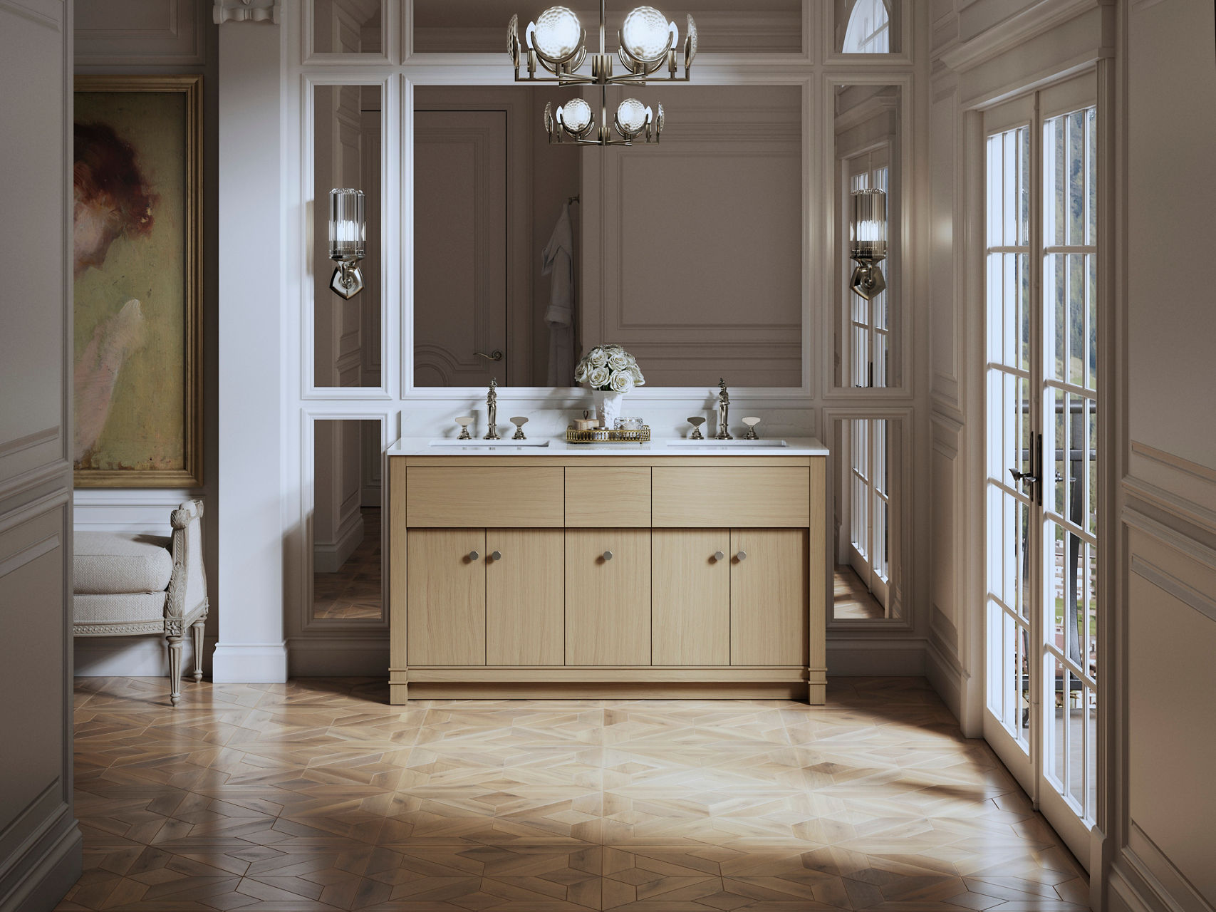 Modern bathroom vanity with light wood cabinet, white sink countertop, faucet, wall mirrors, and light sconces.