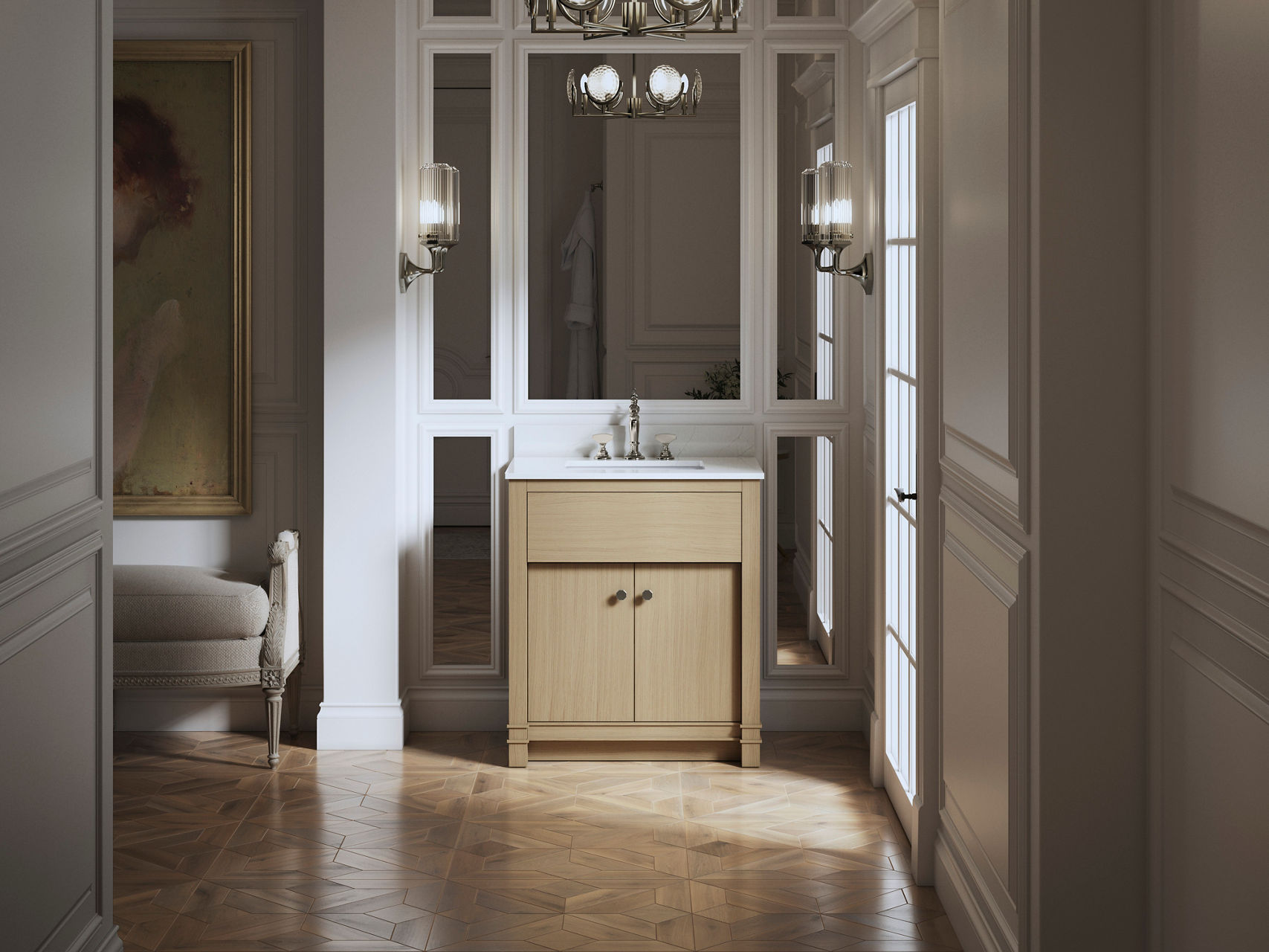 Modern bathroom vanity with light wood cabinet, white sink countertop, faucet, wall mirrors, and light sconces.