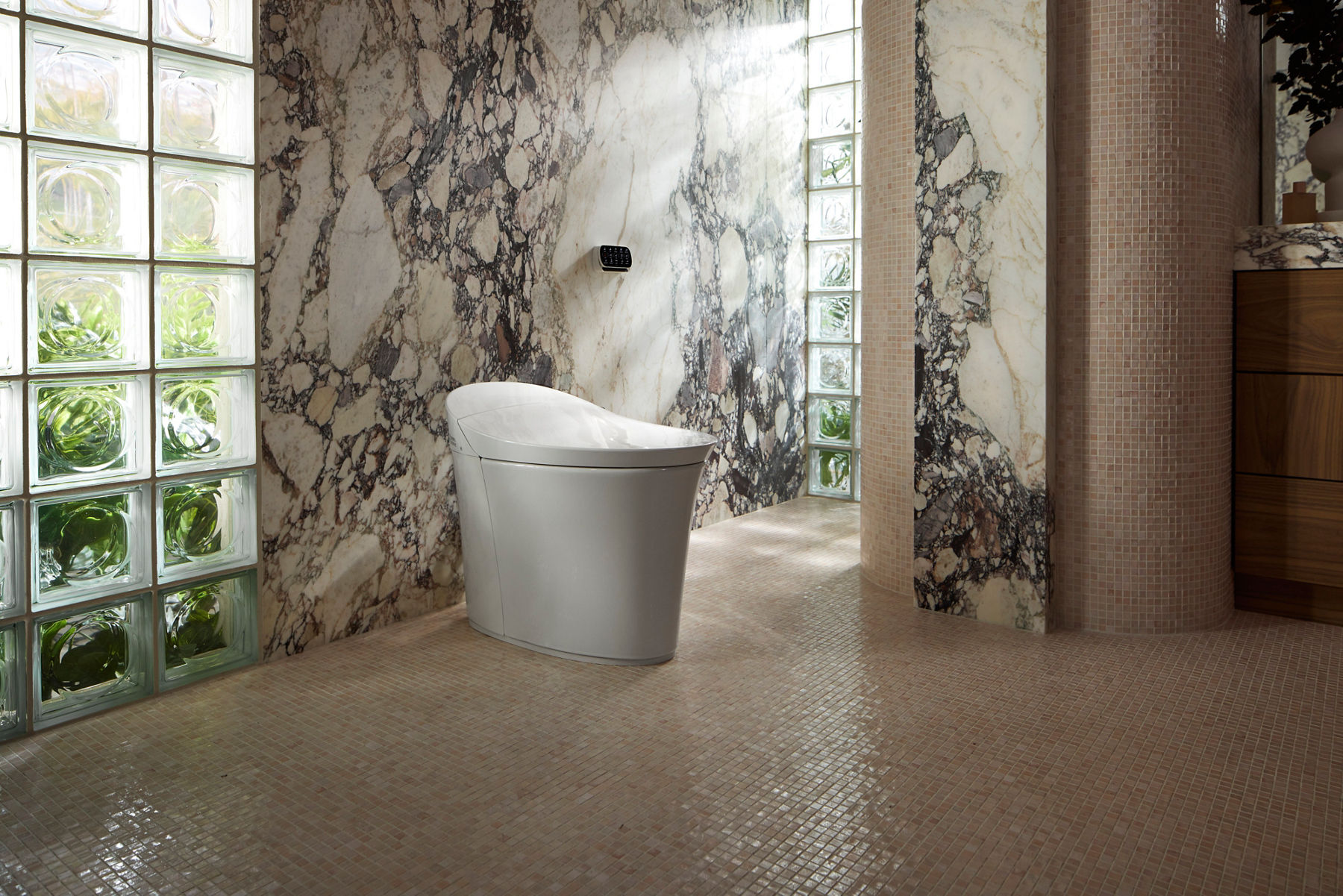 Modern white toilet in a luxurious bathroom with marble walls and a large window.