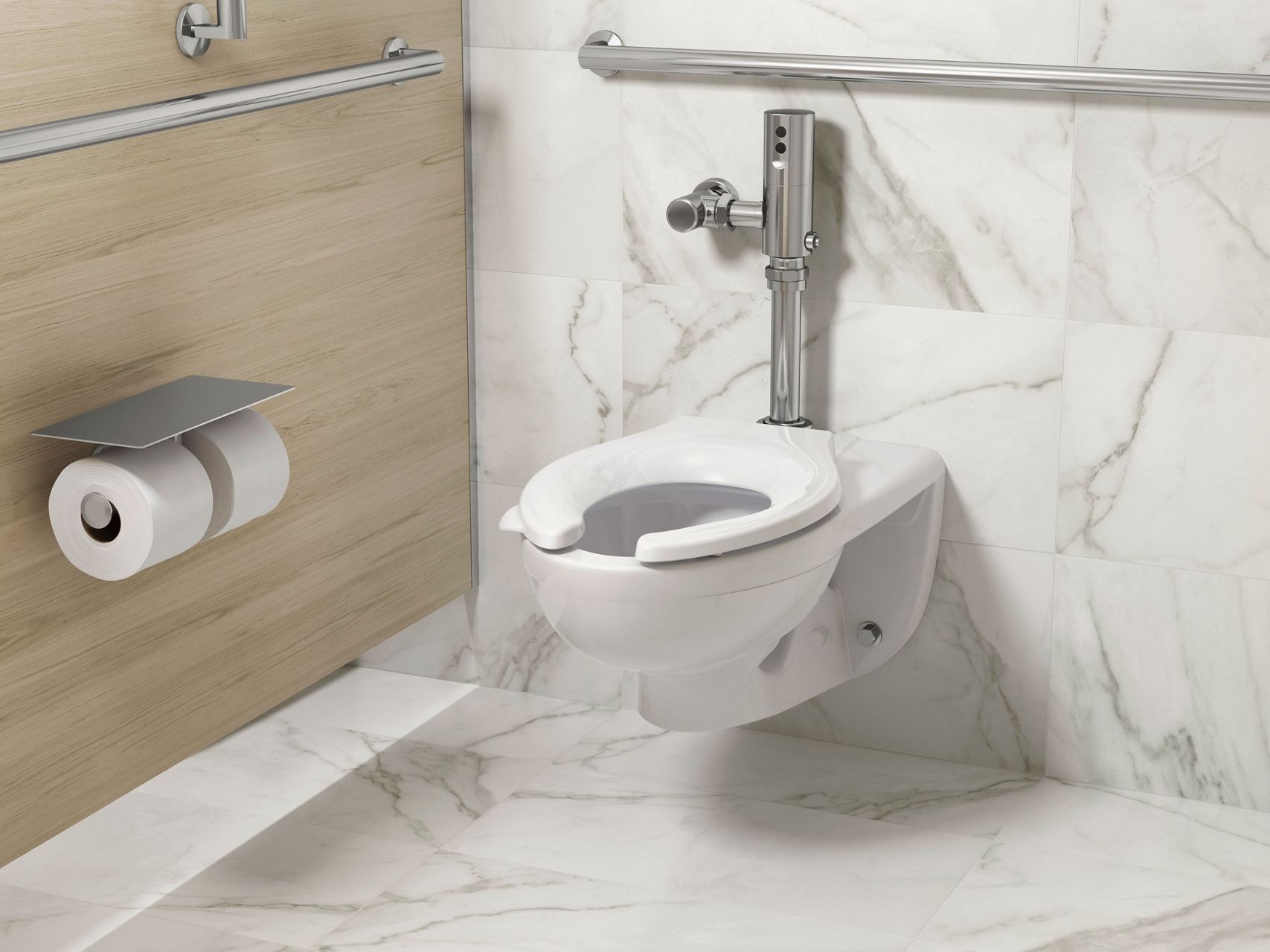 Wall-mounted commercial toilet with open-front seat, grab bars, and toilet paper holder in an accessible restroom with marble-look wall tile.