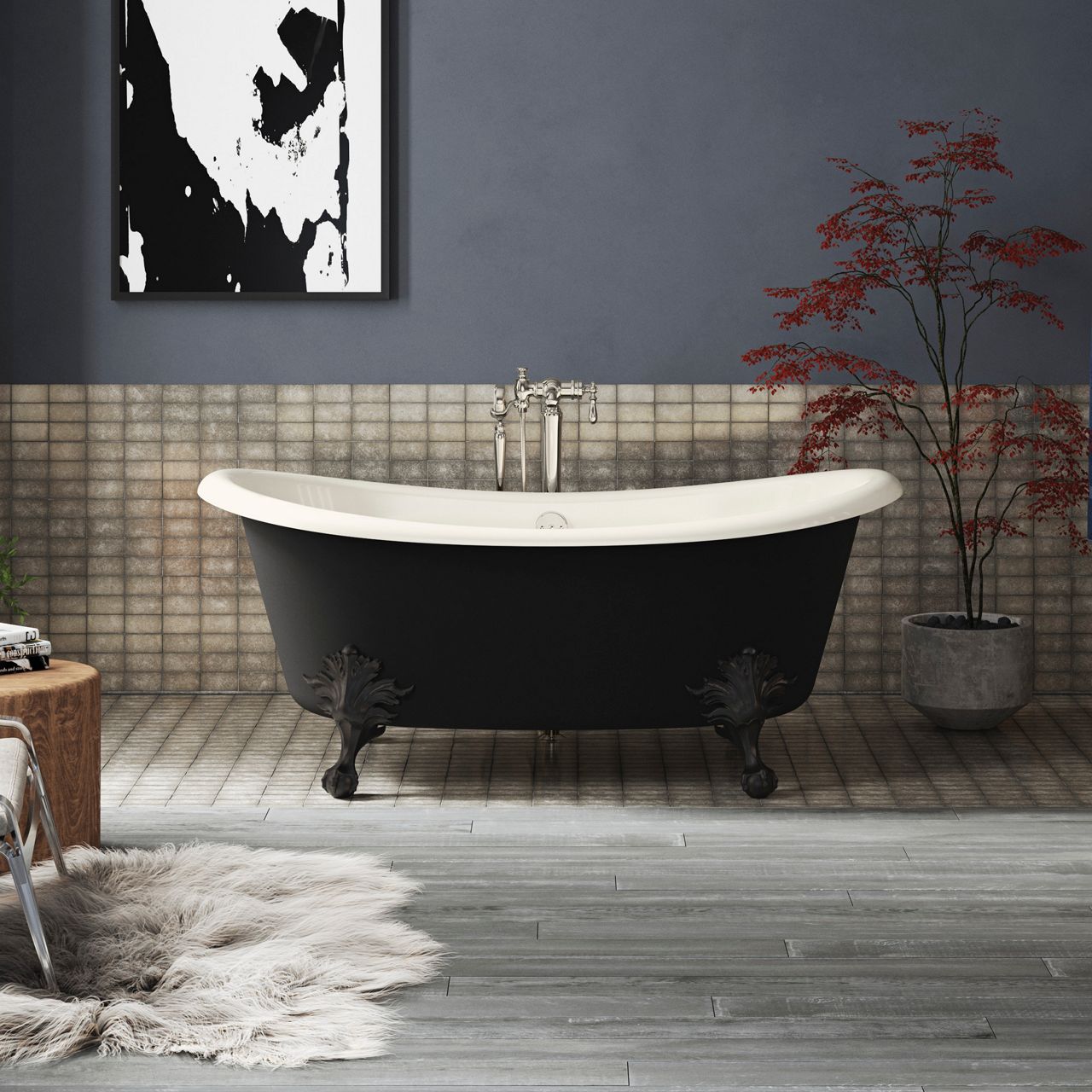 Black clawfoot soaking tub with freestanding faucet in a moody bathroom featuring textured wall tile and dark blue walls.