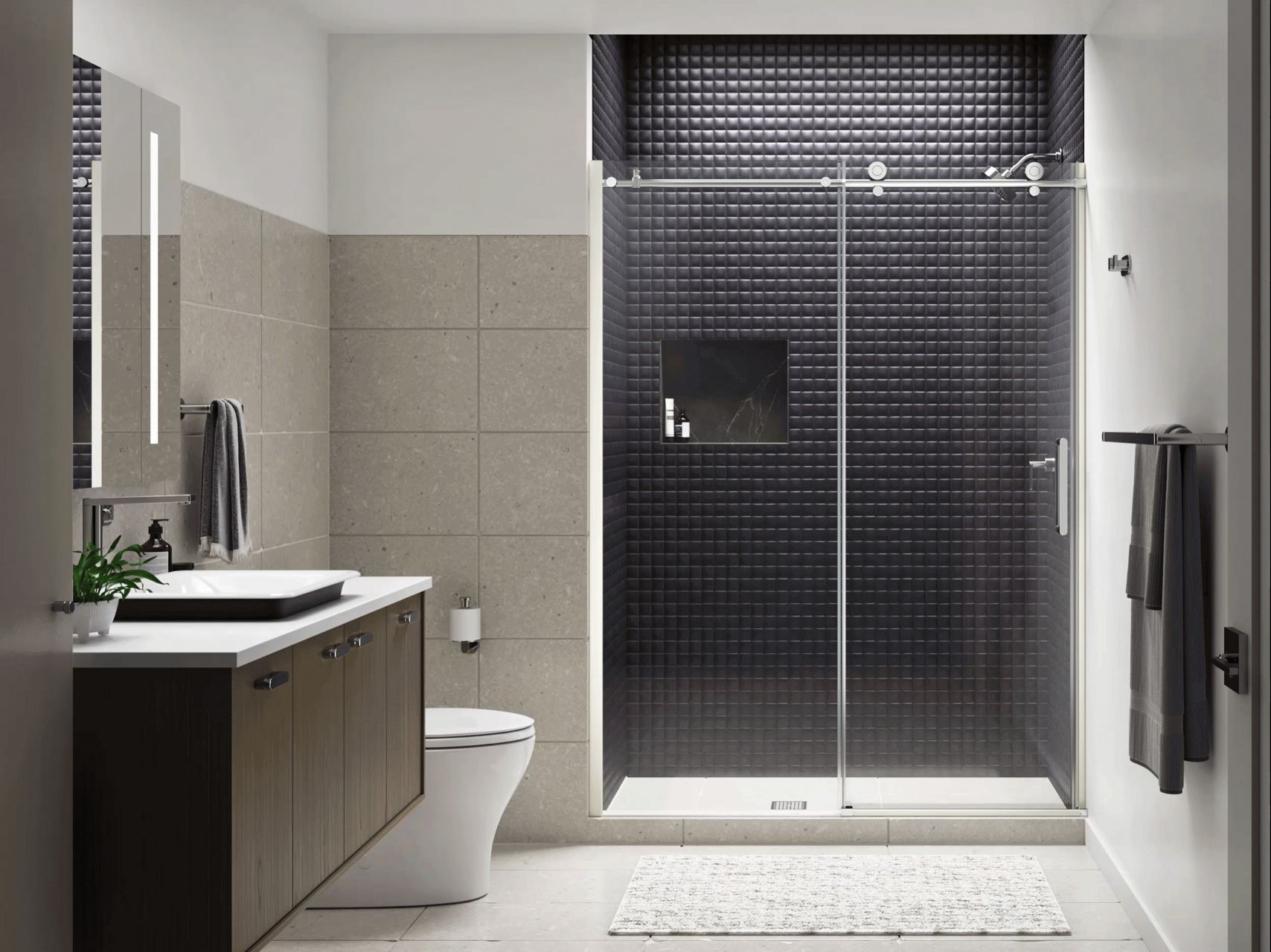 Modern bathroom with a glass shower enclosure, dark textured tile accent wall, floating vanity, and warm wood cabinetry.