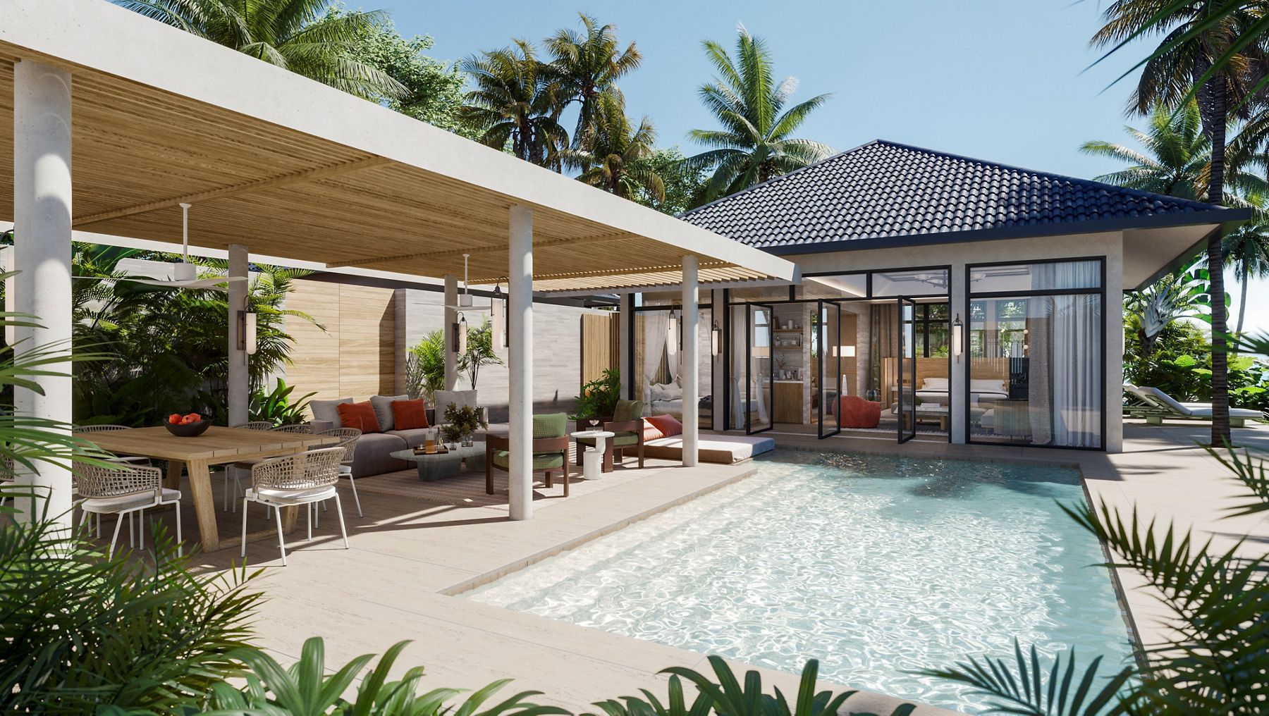 Outdoor pool and patio in a tropical setting