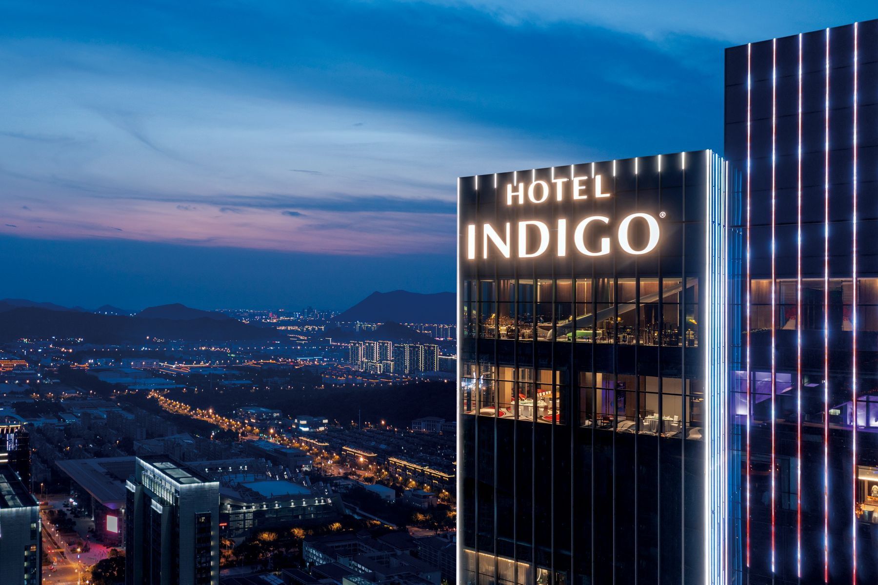 An exterior view of the Hotel Indigo Suzhou Grand Canal skyscraper in Suzhou, China.