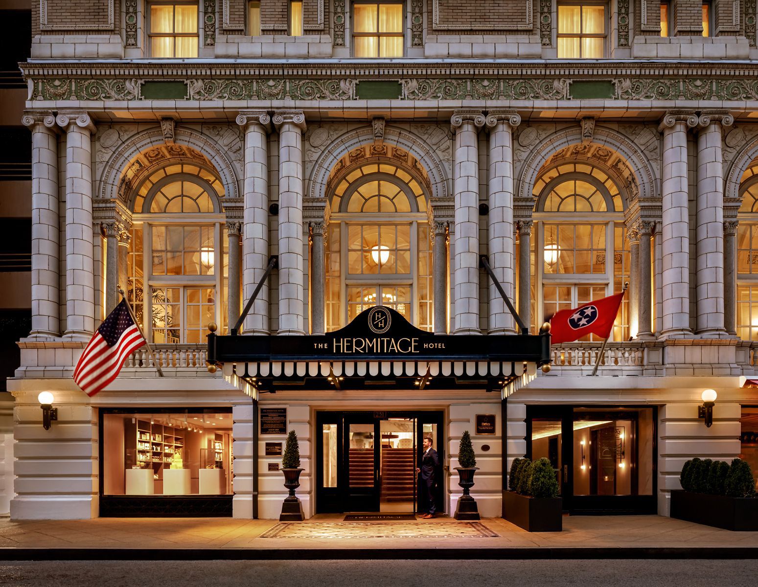 An exterior view of the grand Hermitage Hotel in Nashville, Tennessee.