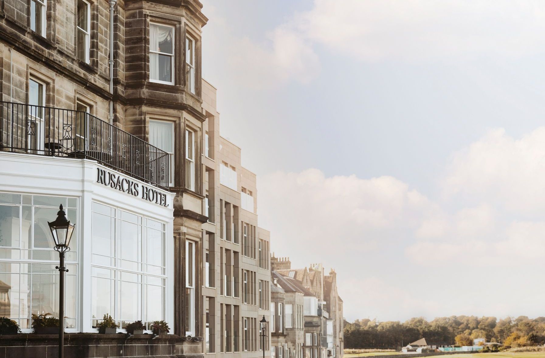 An exterior view of the historic Rusacks St. Andrews resort in Scotland.