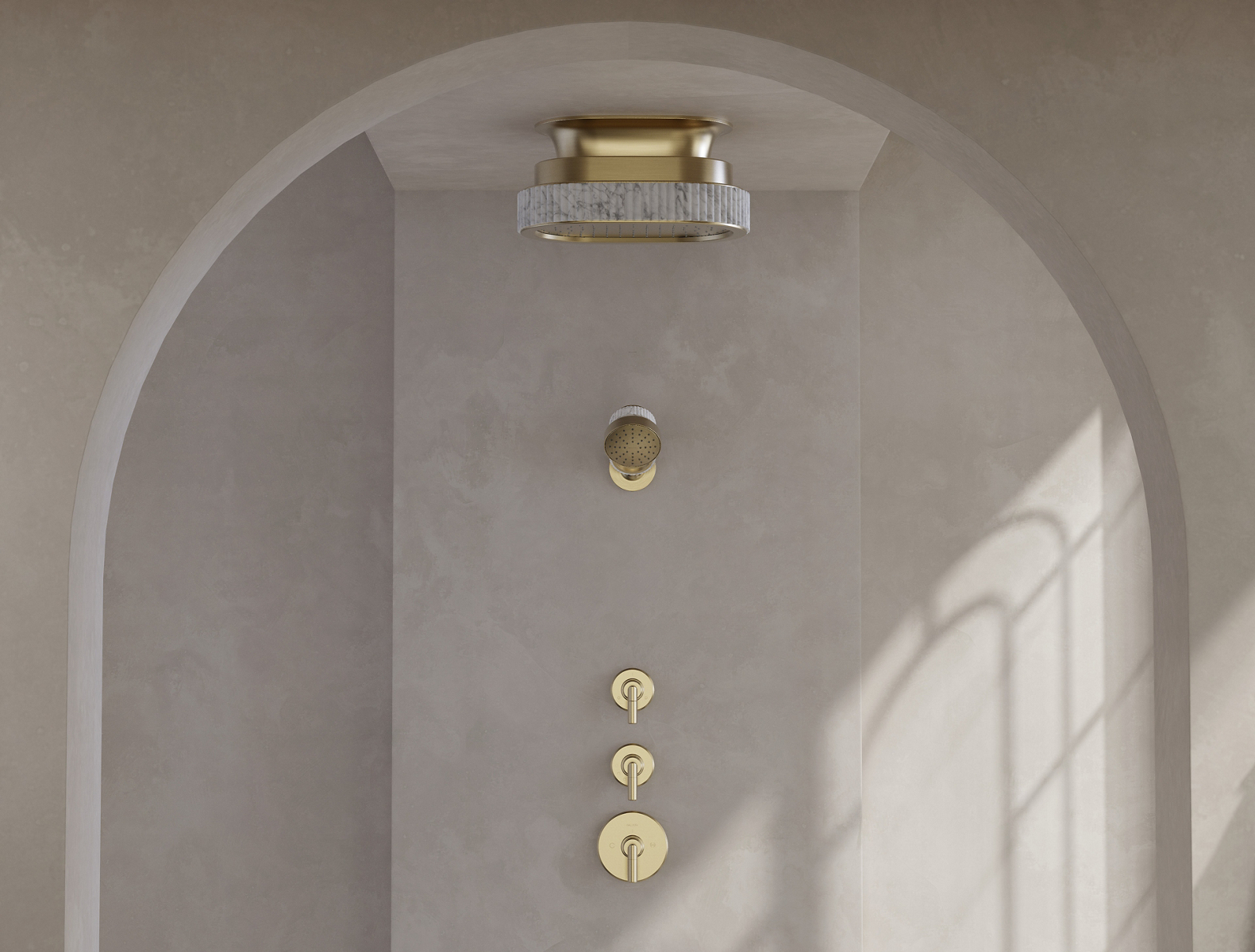 Bandeau ceiling-mount rain showerhead with a White Carrara band, body spray and three wall controls in an arched alcove.