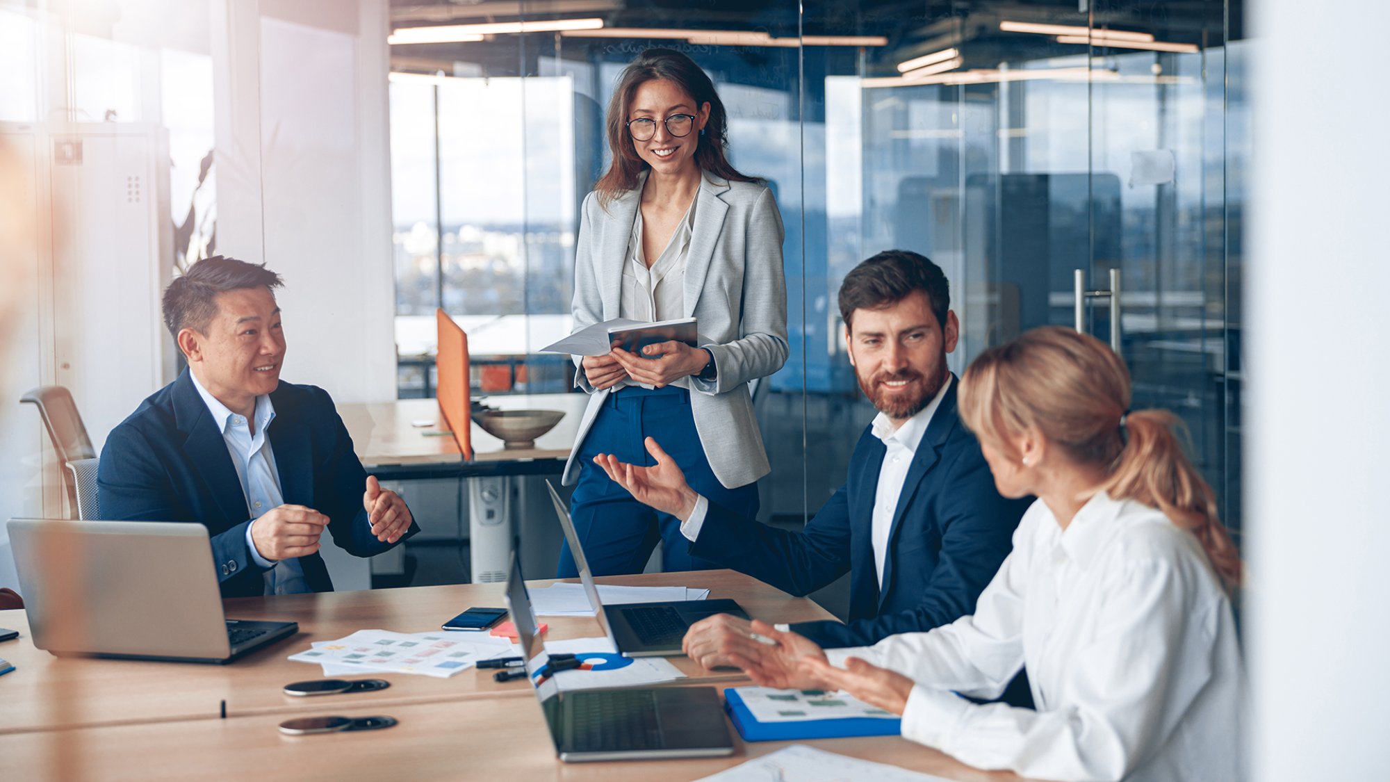 A group of business people partners during a set team meeting in the modern office.High quality 
