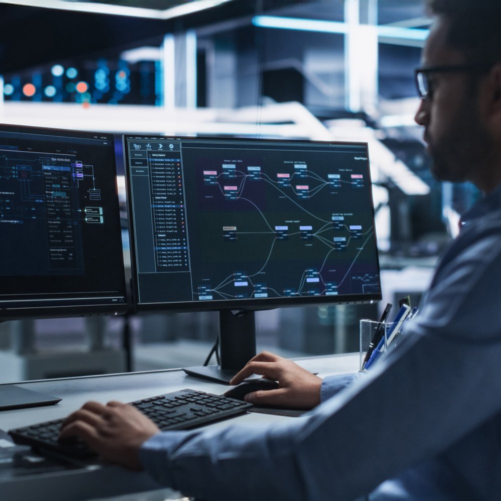 High-Tech Data Center Server Control: IT Specialist Administrator Working on Computer, Screen Showing Big Data AI Analysis and Code. Web Services, Machine Learning, Analytics Facility, Cyber Security