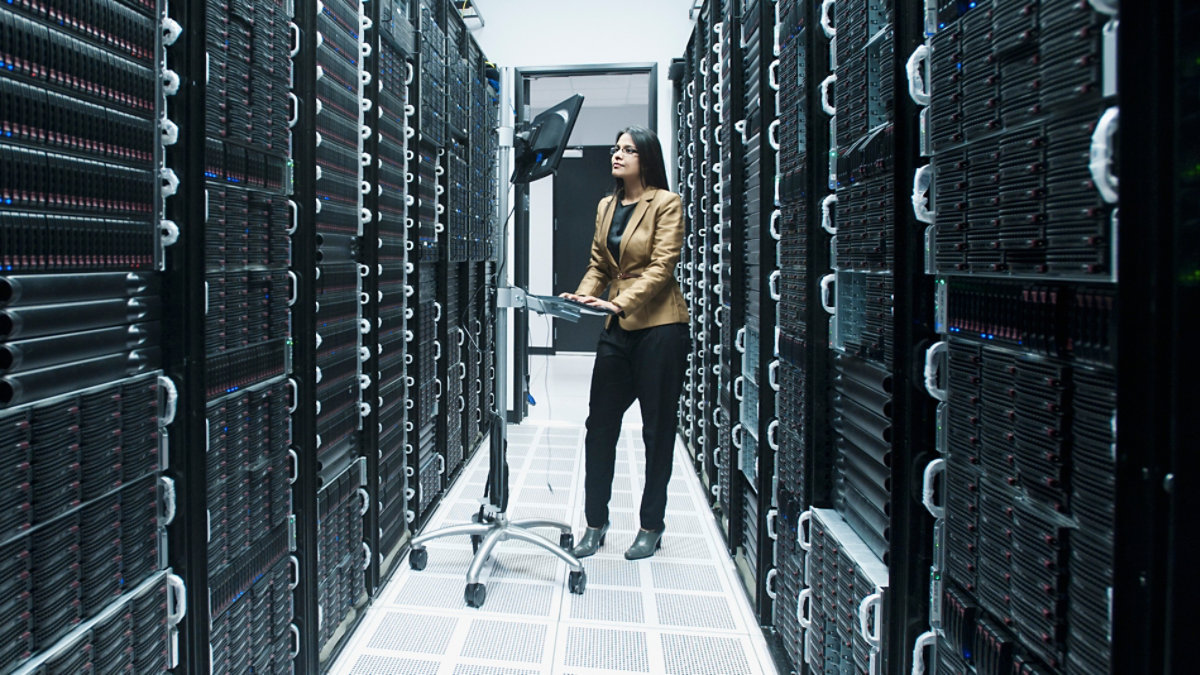 woman working in server room