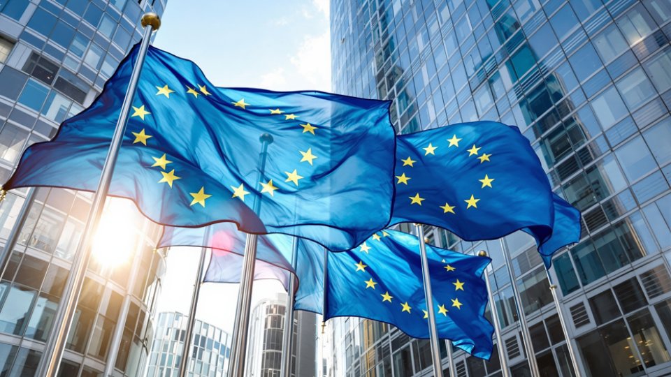 EU flags flying in from of office building