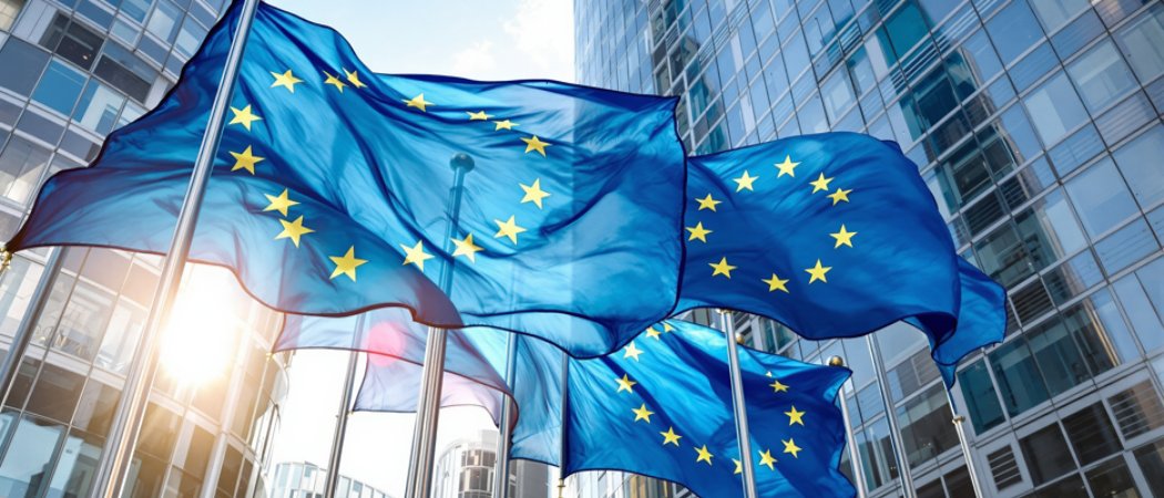EU flags flying in from of office building