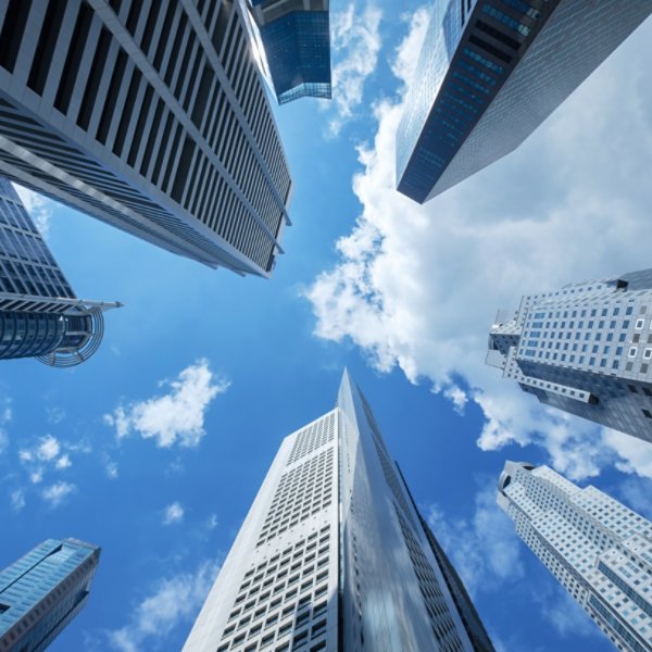 high building financial business area with cloud blue sky