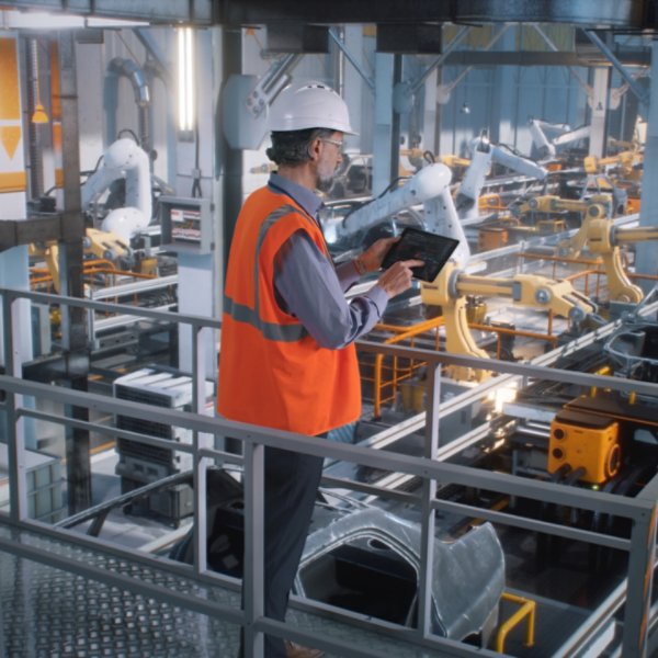 High angle of mature male engineer in uniform and hardhat using tablet to control robotic arms during work on contemporary car factory