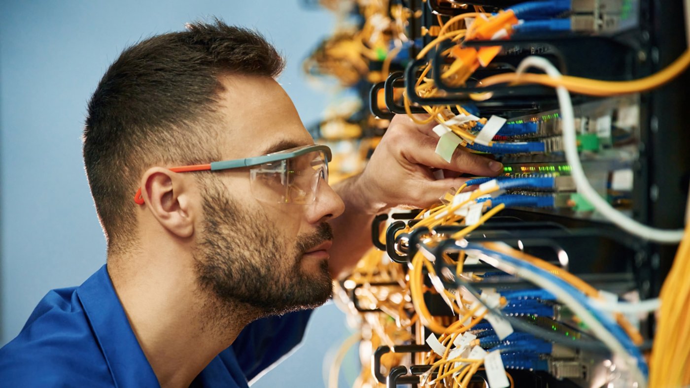 Looking extremely close at cables. Young man is working with internet equipment and wires in server room