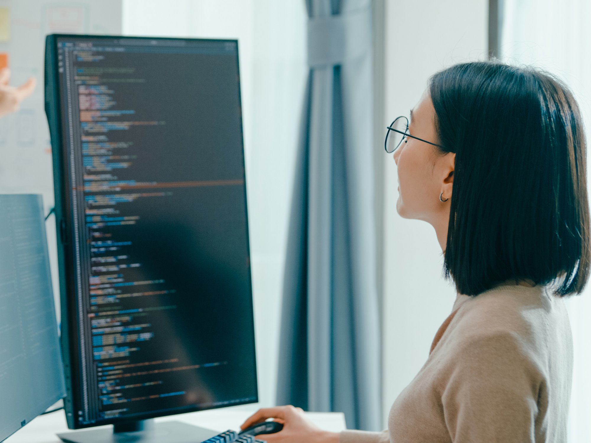 Group adult Asia male female software developers mentor leader manager talk strategy plan to executive write prompt AI bot IT app program nomad, video game, data center. Whiteboard slideshow code.