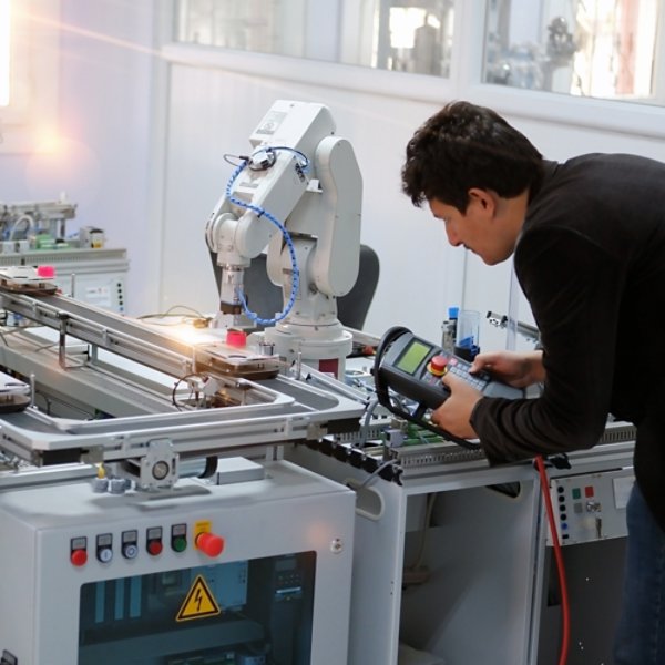 Man is holding teach panel to control a robotic arm which is integrated on smart factory production line. industry 4.0 automation line which is equipped with sensors and robotic arm. Selective Focus.