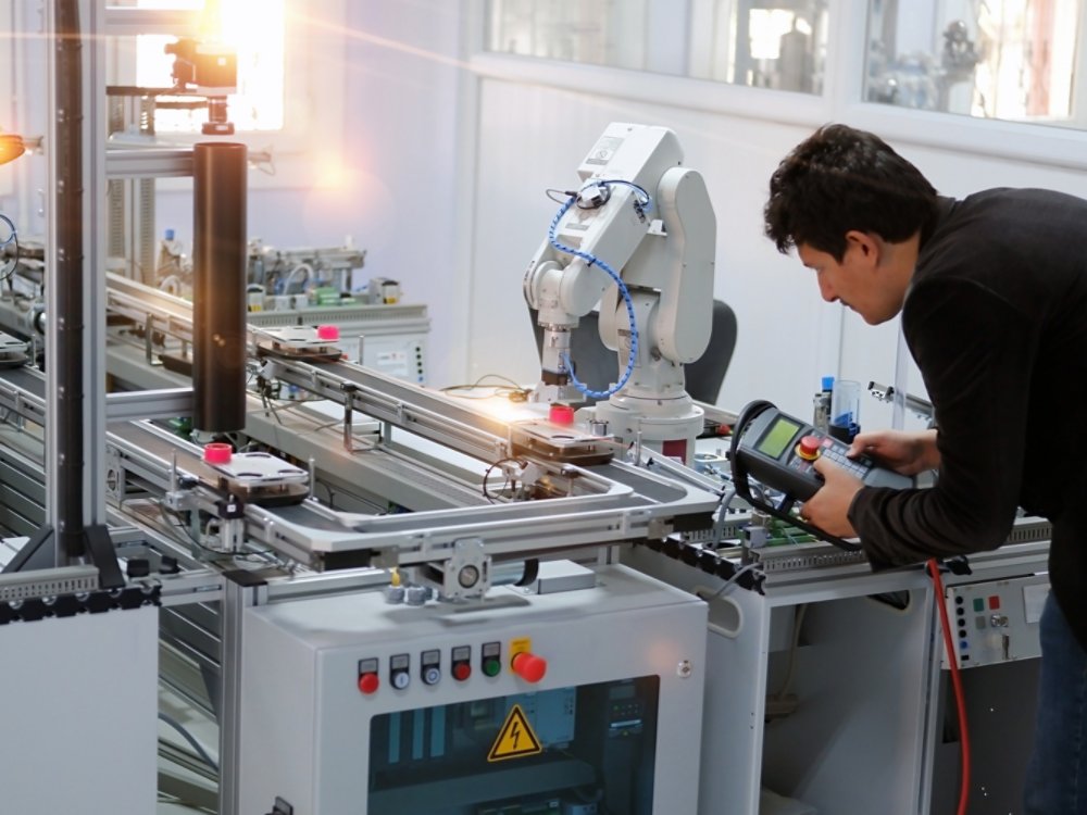 Man is holding teach panel to control a robotic arm which is integrated on smart factory production line. industry 4.0 automation line which is equipped with sensors and robotic arm. Selective Focus.