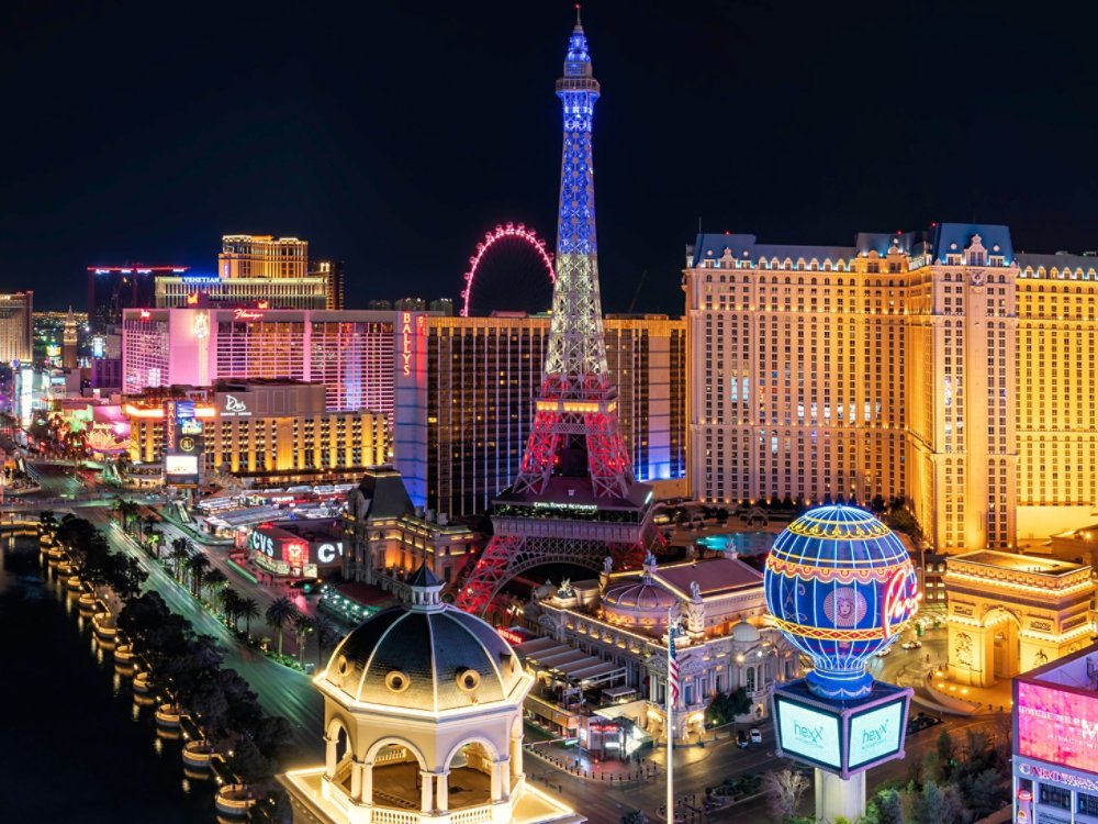 LAS VEGAS, USA - CIRCA JANUARY 2021 : Panorama wide angle view of the Las Vegas Strip and city skyline at night, Nevada, USA