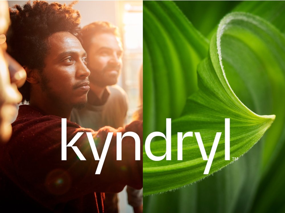 Kyndryl composite image with businesspeople on left and green leaf on right.