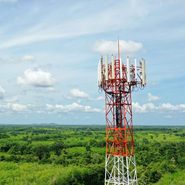 Aerial view of cell tower antennas for wireless 4G or 5G mobile phone networks