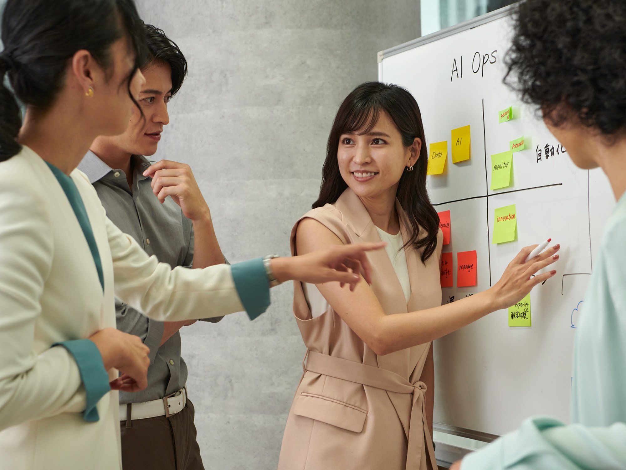 Four Japanese workers brainstorming on an AI Ops plan
