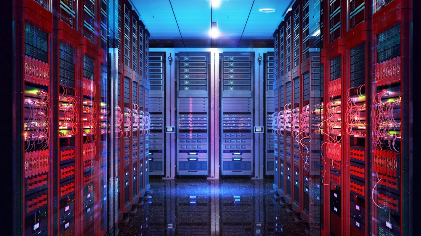 Data center with server racks, IT working server room with rows of supercomputers. 3D concept illustration of information technology, cyber network, hosting, data backup, render farm, storage cloud, Data center with server racks, IT working server room with rows 