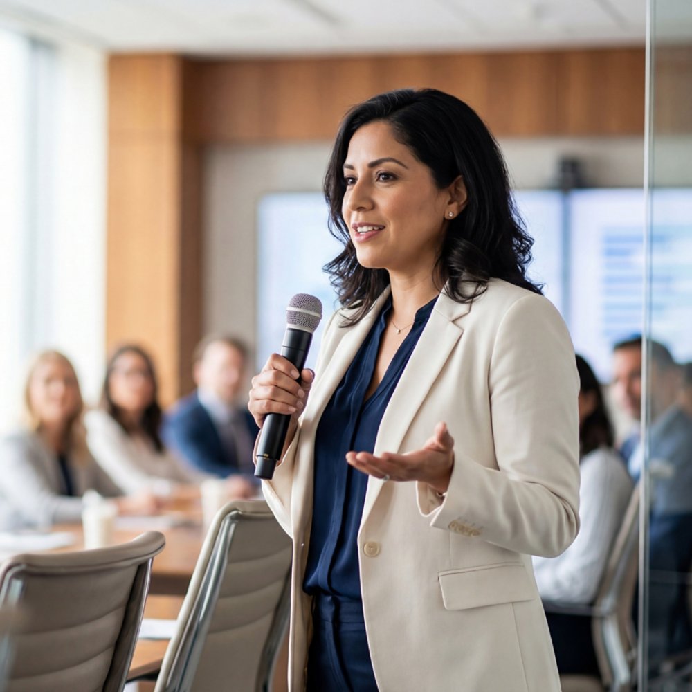 Confident latina senior woman speaking into microphone at corporate meeting, professional presentation and engaged audience in modern glass conference room