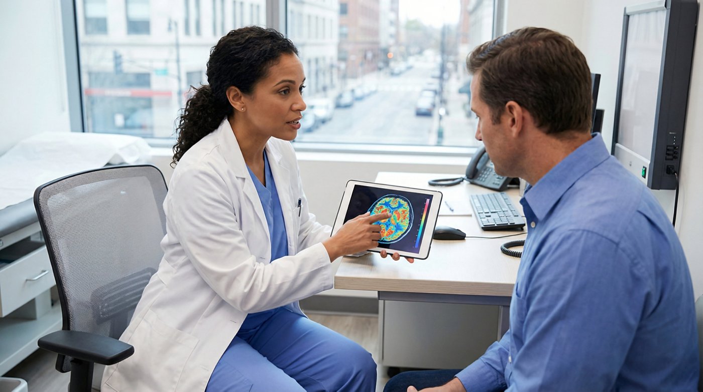 female doctor discussing a brain scan with a male patient