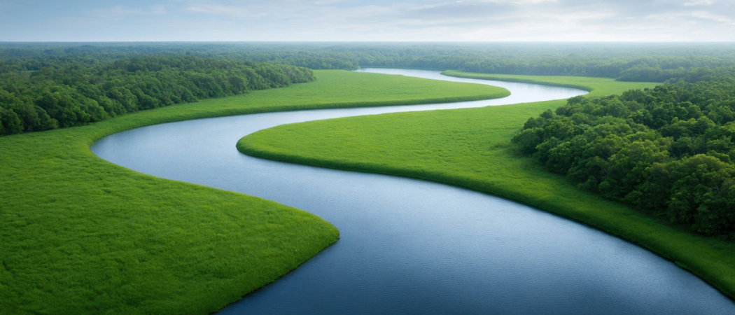 River delta viewed from above with branching waterways and wetlands, environmental geography concept, aerial panorama