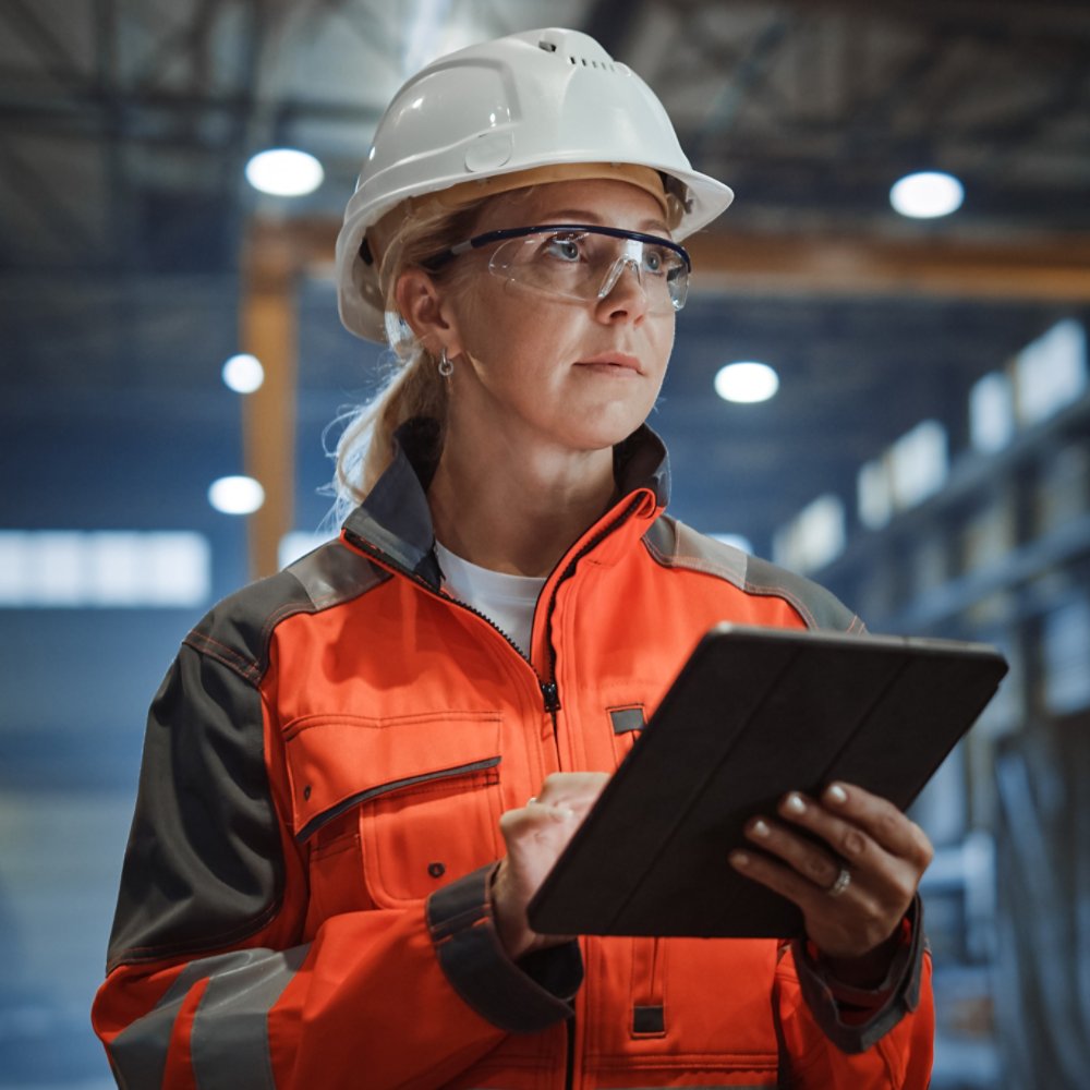 Professional Heavy Industry Engineer/Worker Wearing Safety Uniform and Hard Hat Uses Tablet Computer. Serious Successful Female Industrial Specialist Walking in a Metal Manufacture Warehouse.