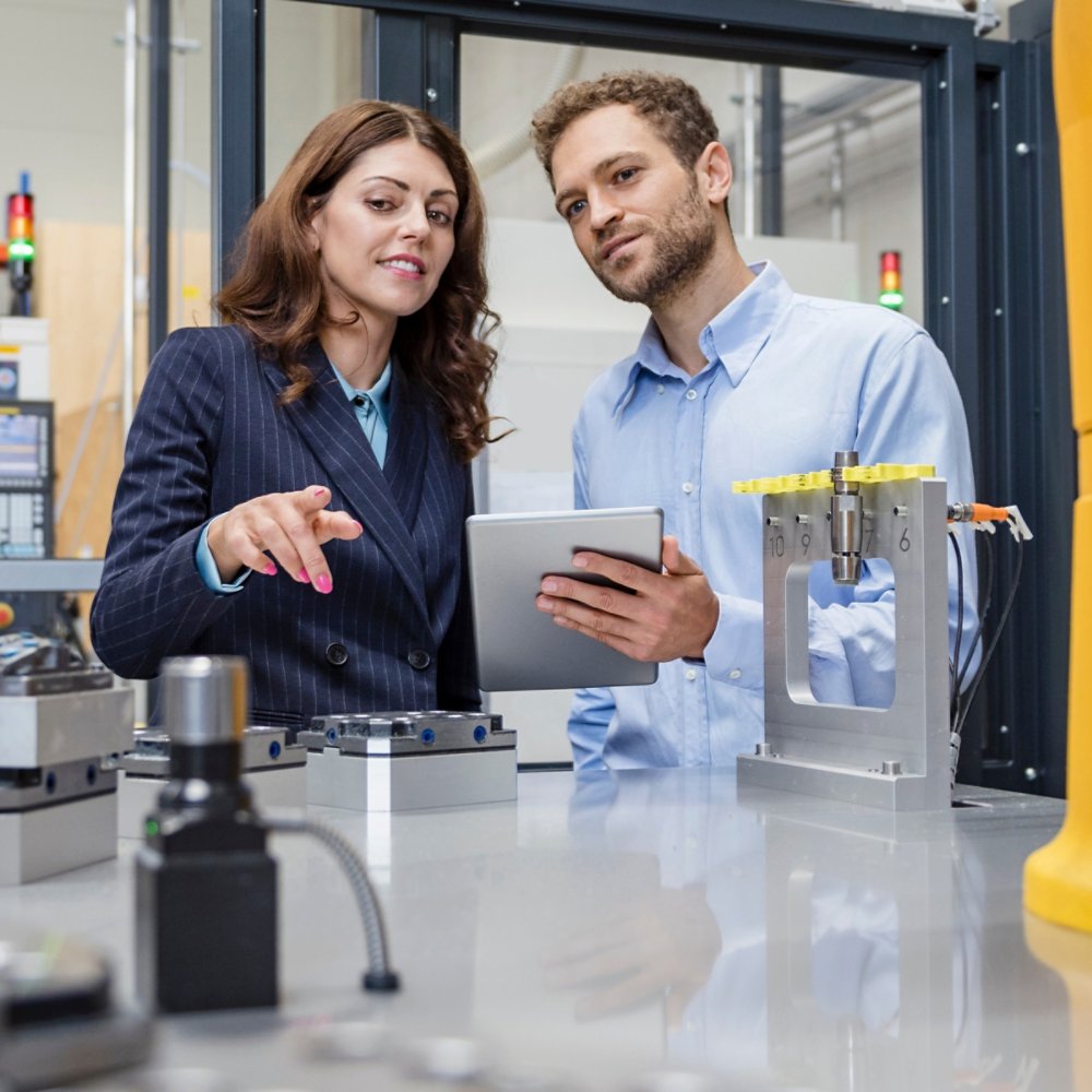 Colleagues in high tech company controlling industrial robots, using digital tablet