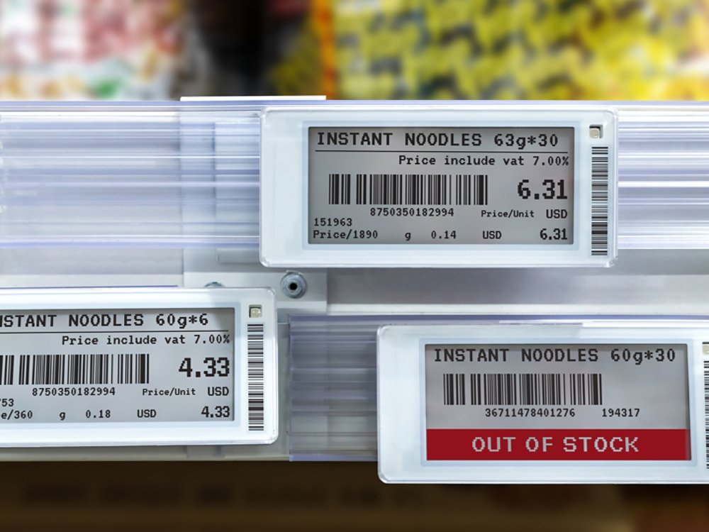 Smart retail digital store technology concept.Electronic Shelf Label(ESL) led for automatically updated displaying product pricing on shelves for retail business. Price is change from control service.