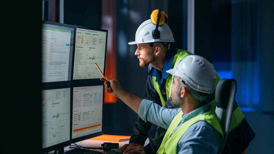 Group of operators control process on product line uses industry 4.0 and digital technology on modern factory. Two engineers follow assembly process uses SCADA system which AI technology and UI 