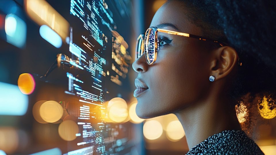 A professional businesswoman analyzes complex data using an AI assistant in an urban setting at night, showcasing technology and innovation in a modern environment.