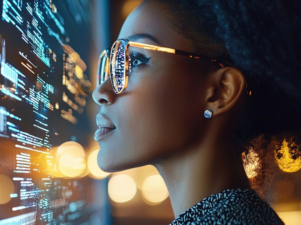 A professional businesswoman analyzes complex data using an AI assistant in an urban setting at night, showcasing technology and innovation in a modern environment.