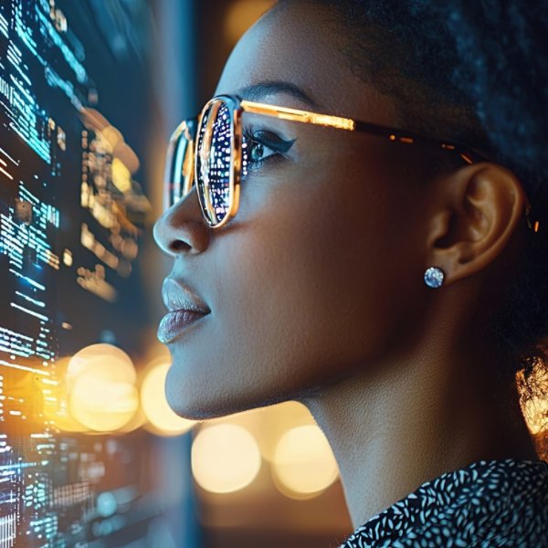 A professional businesswoman analyzes complex data using an AI assistant in an urban setting at night, showcasing technology and innovation in a modern environment.