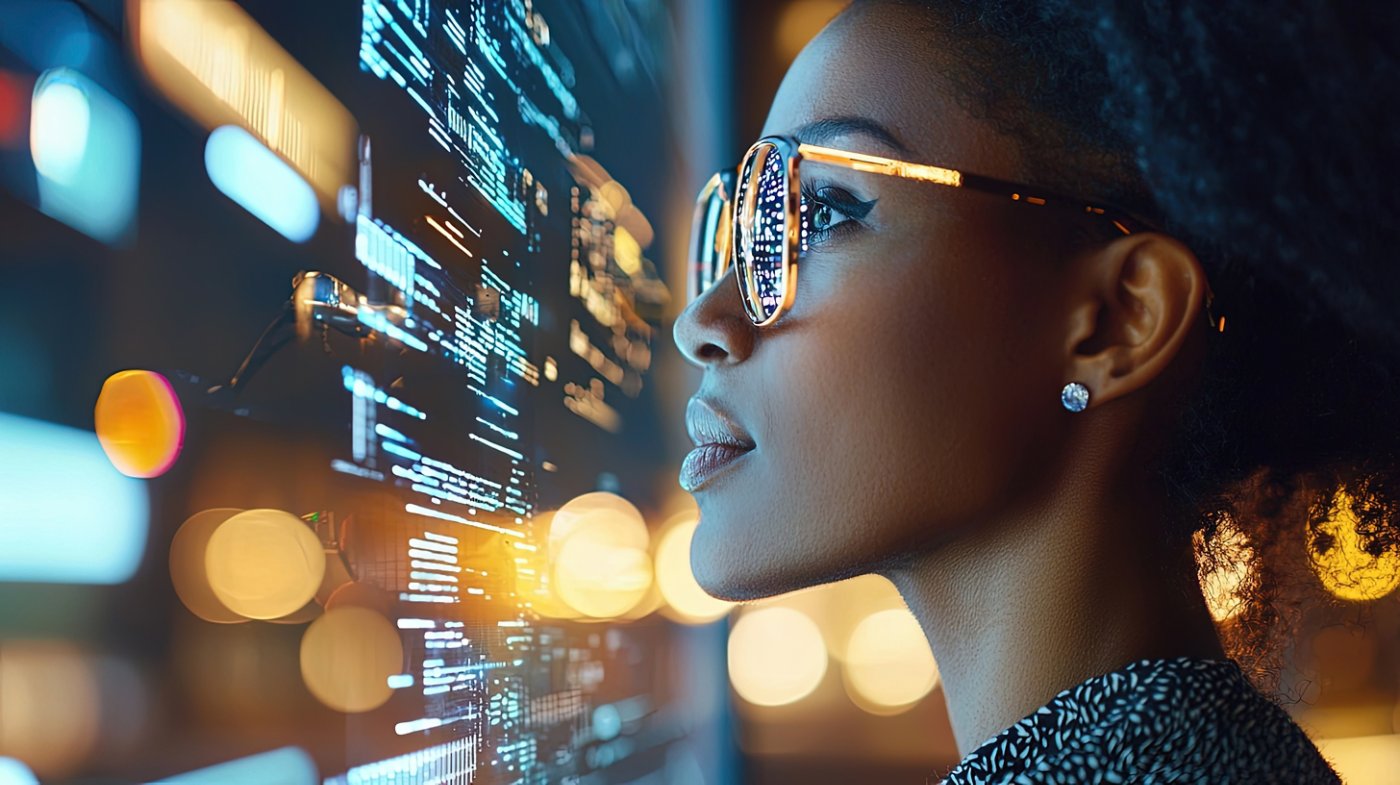 A professional businesswoman analyzes complex data using an AI assistant in an urban setting at night, showcasing technology and innovation in a modern environment.