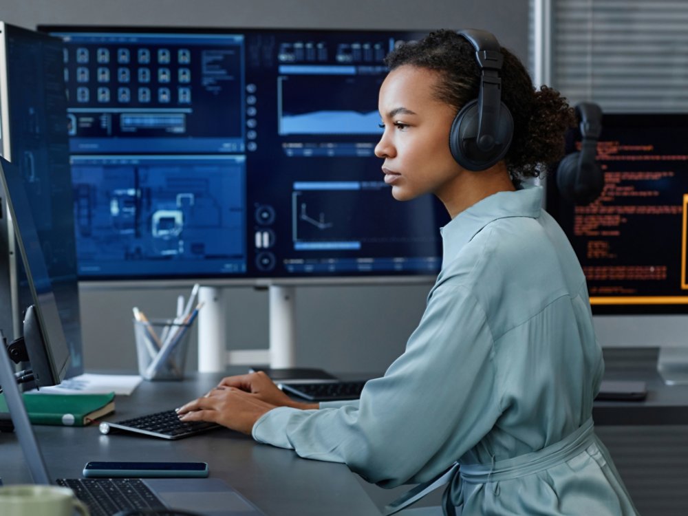 Young computer programmer wearing wireless headphones working on desktop PC
