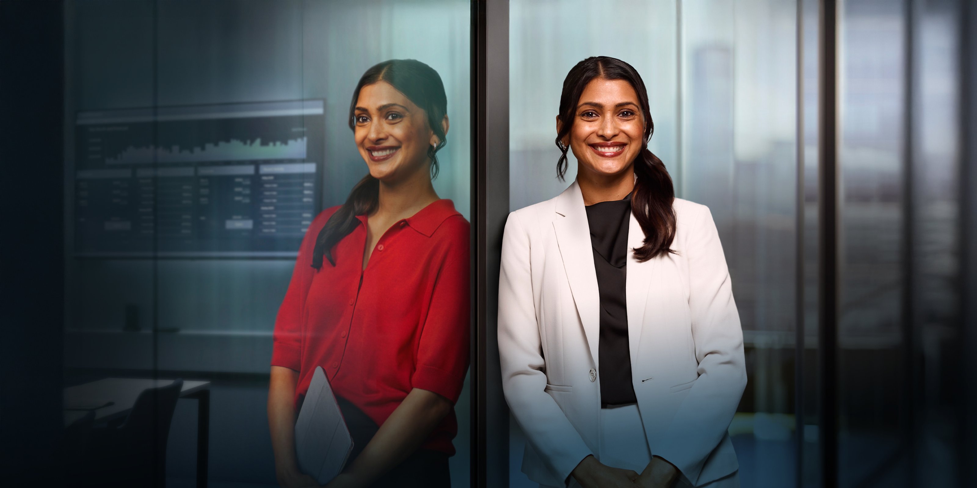 woman reflected in window