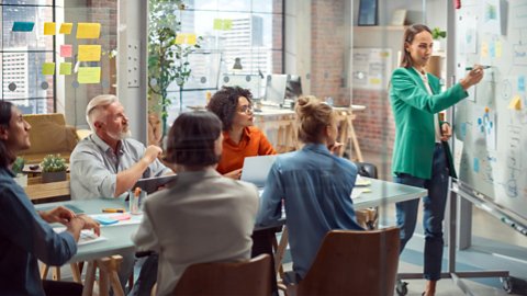 team with woman writing on a white board
