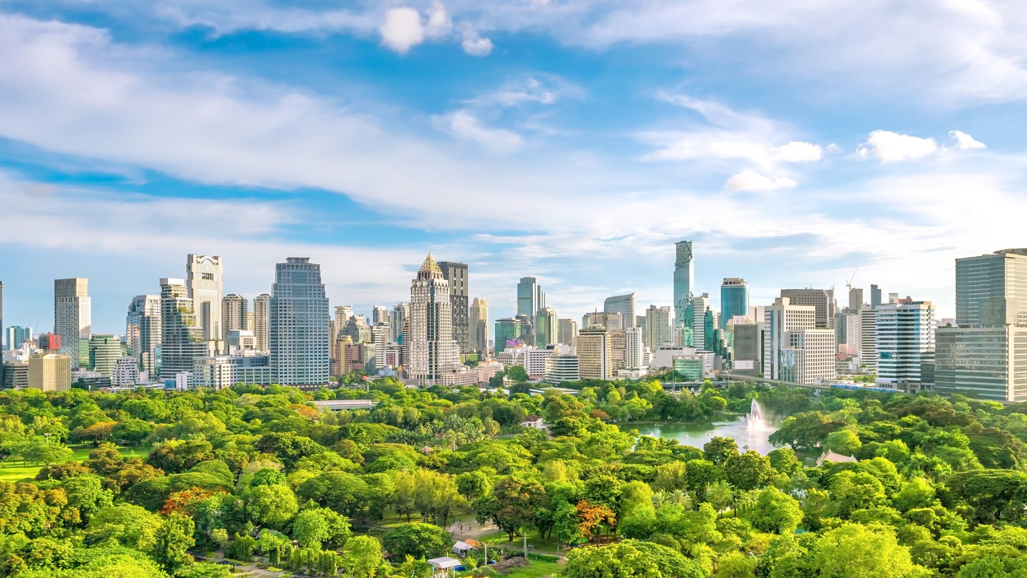 Bangkok city skyline with Lumpini park  from top view in Thailand