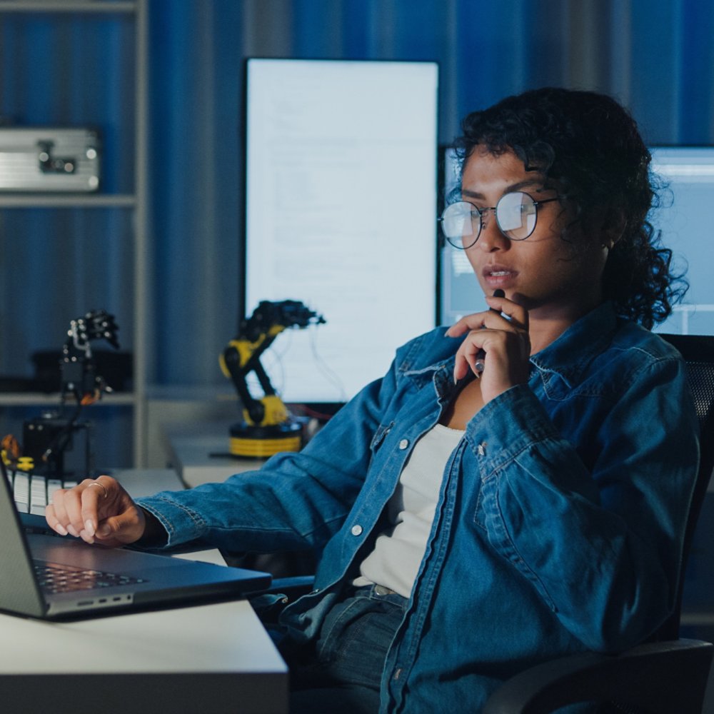 Young African American female programmer coding AI software on multiple screens in night office. Network security, cybersecurity, machine learning, working late, overtime, robotics automation concept.